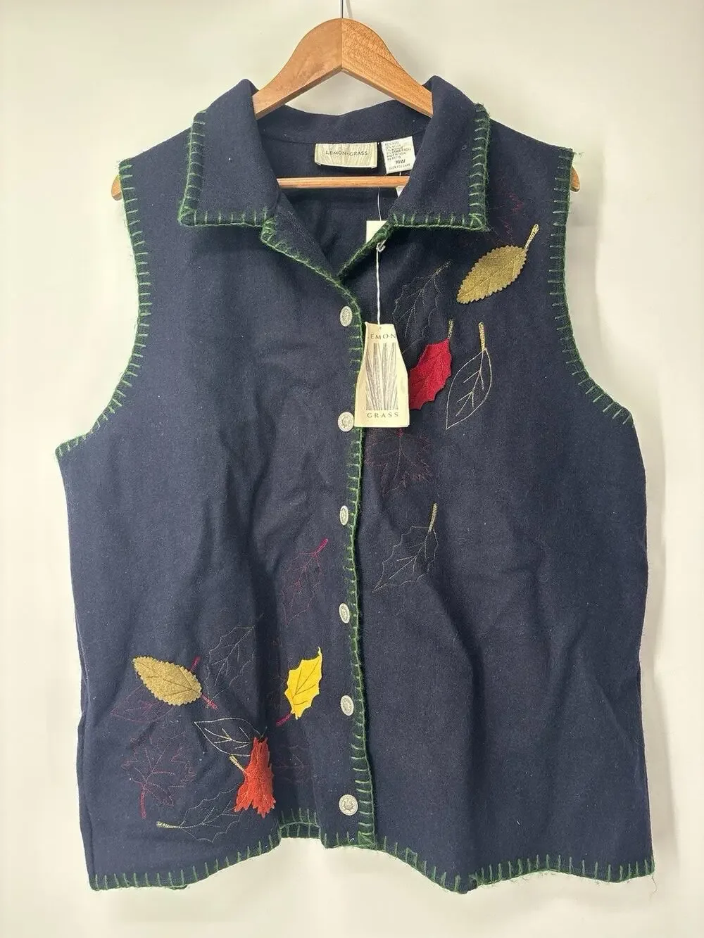 Vintage Lemon Grass Wool Vest 18W Navy Fall Leaves Appliqué Cottagecore